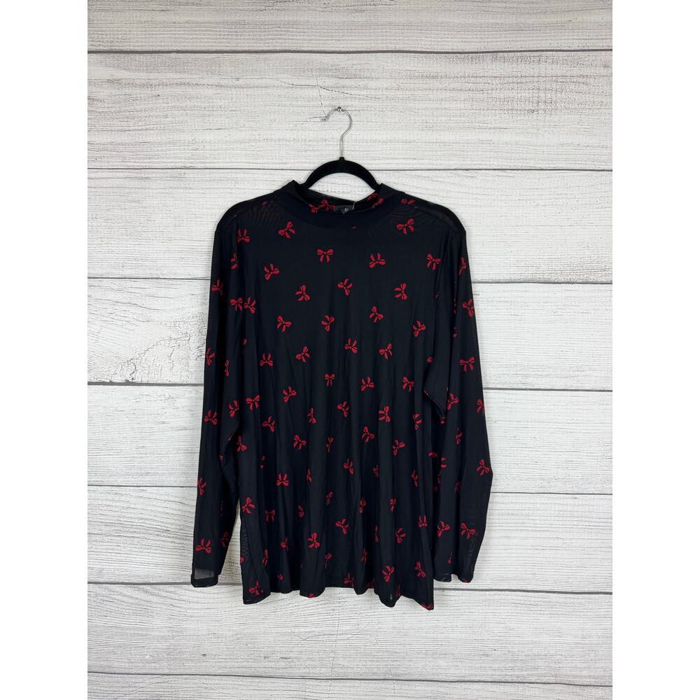 Torrid Plus Size Black & Red Bow Printed Mesh Mock Neck Long Sleeve Top Size 4X